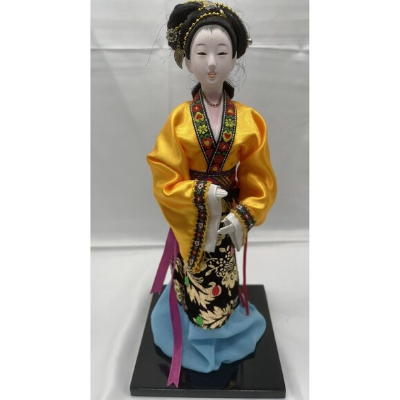 Vintage Chinese 12” Doll in Traditional Yellow Clothing on Wooden Base Handmade - Picture 1 of 12